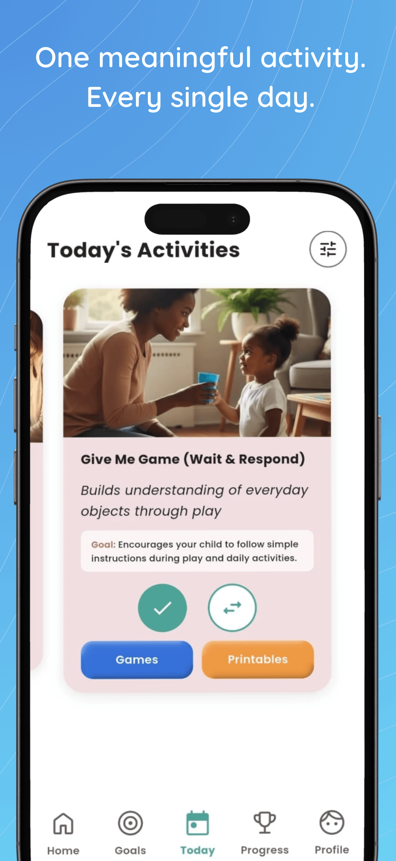 BASICS app — Today's Activities screen showing a personalized daily activity for your child