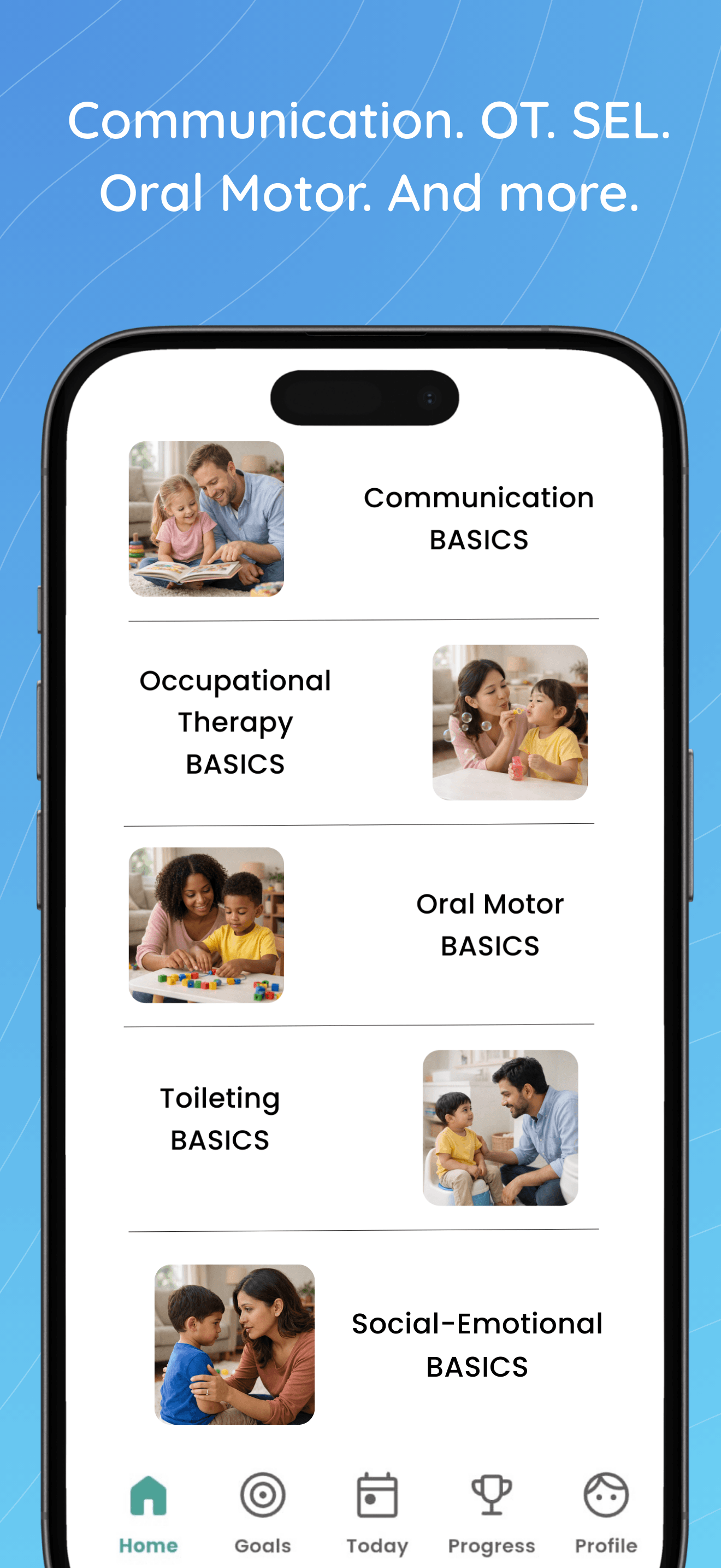 BASICS app home screen showing all six development modules — Communication, Occupational Therapy, Oral Motor, Toileting, and Social-Emotional Learning